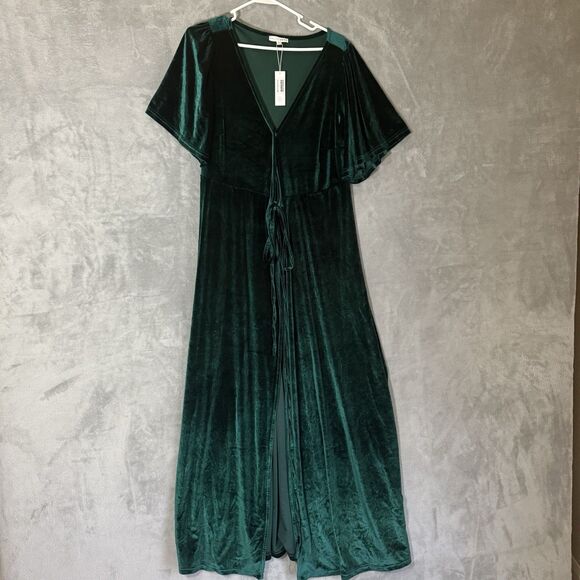 NWT Baltic Born Meghan Velvet Wrap Maxi Dress L Jewel Tone Emerald Green Fairy - Picture 1 of 8